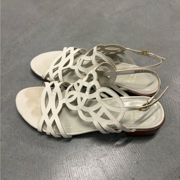 Stuart Weitzman White Cutout Leather Sandals Block Heel Size 7 - Picture 8 of 11